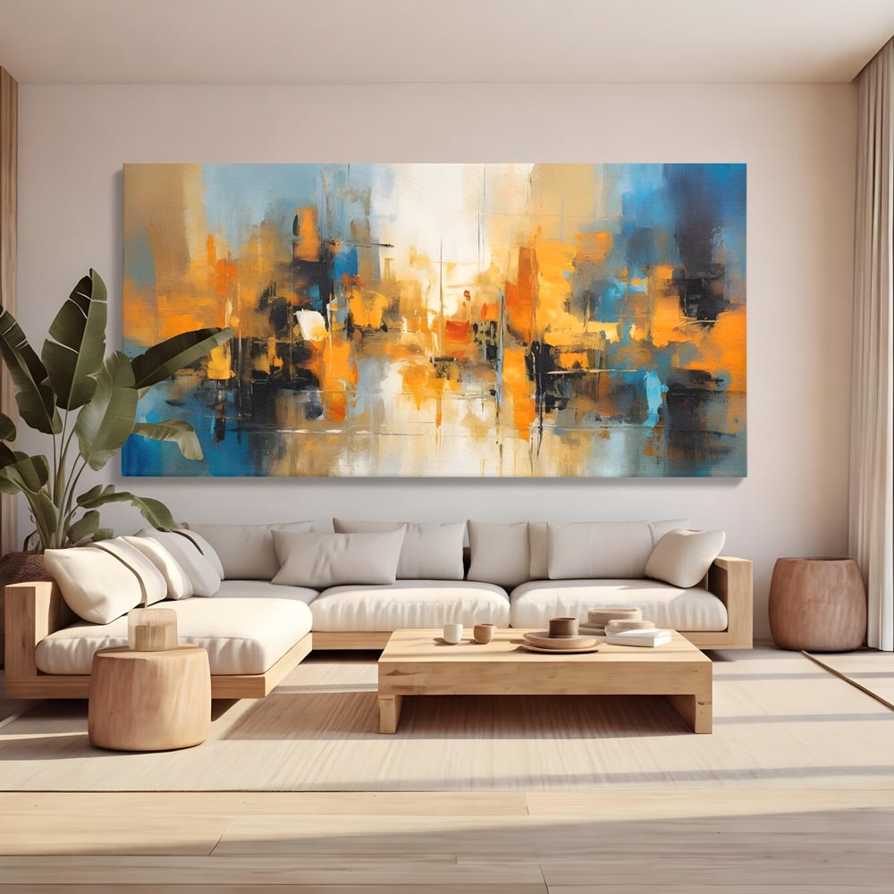 Tablou canvas cu pictura abstracta cu reflexii in apa, fara rama, pe sasiu de lemn, pe perete intr-un living